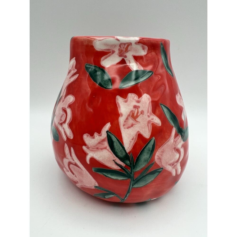 Anthropologie Red Floral Ceramic Vase with Green Leaves - Picture 6 of 8